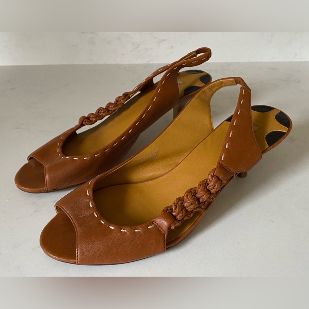 Max Studio Kylie 2 Cognac Leather Braided Slingback Open Peep Toe Heels Shoes 8
